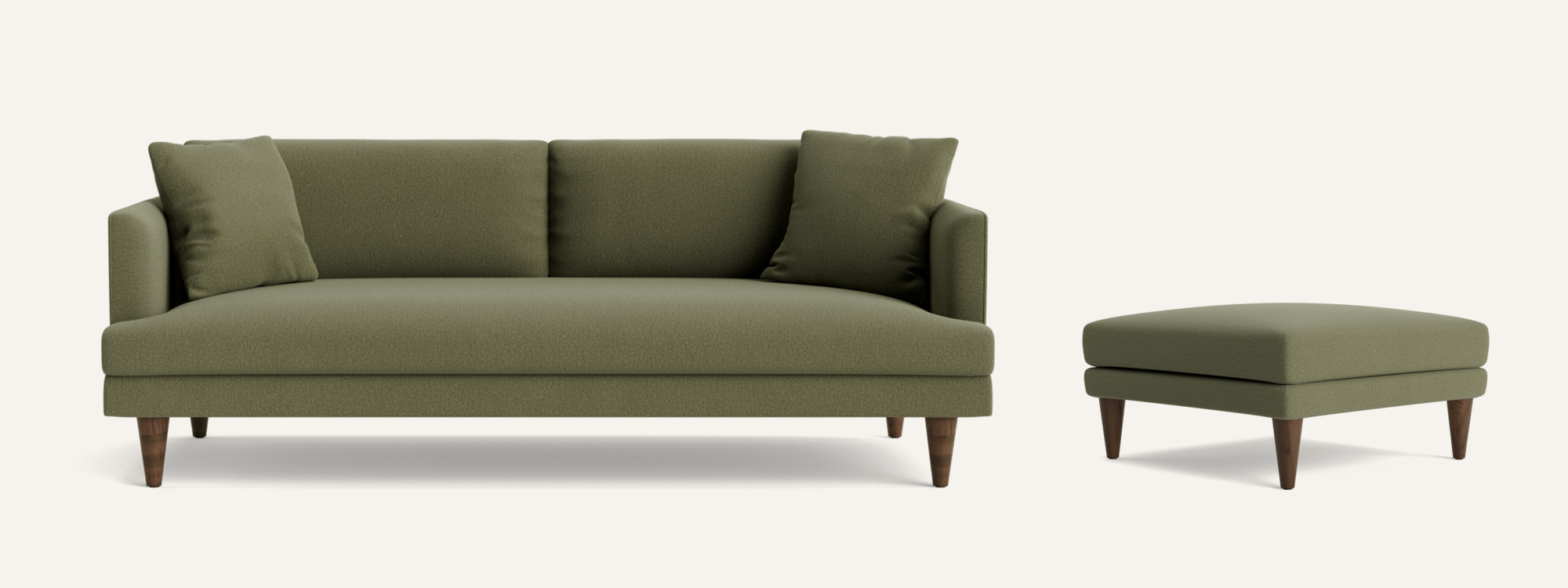 Joybird Lewis sofa and matching ottoman in Faithful Olive official configuration renders