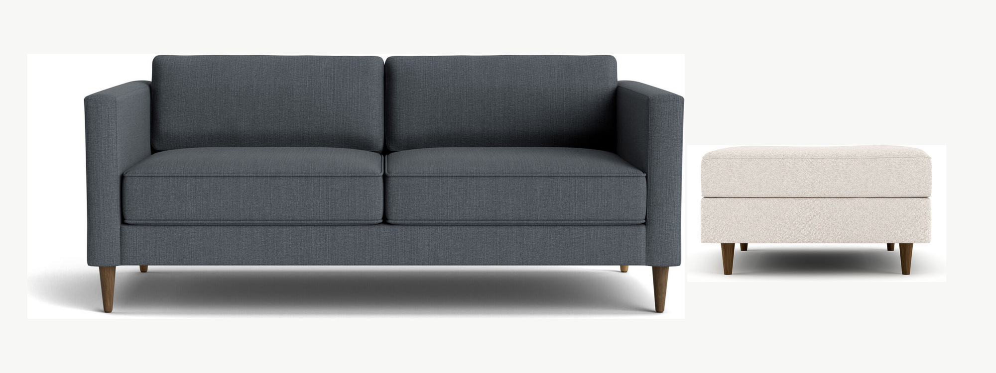 Official Medley Mota sofa and Mota ottoman default-color product images; configure both in one matching non-gray fabric