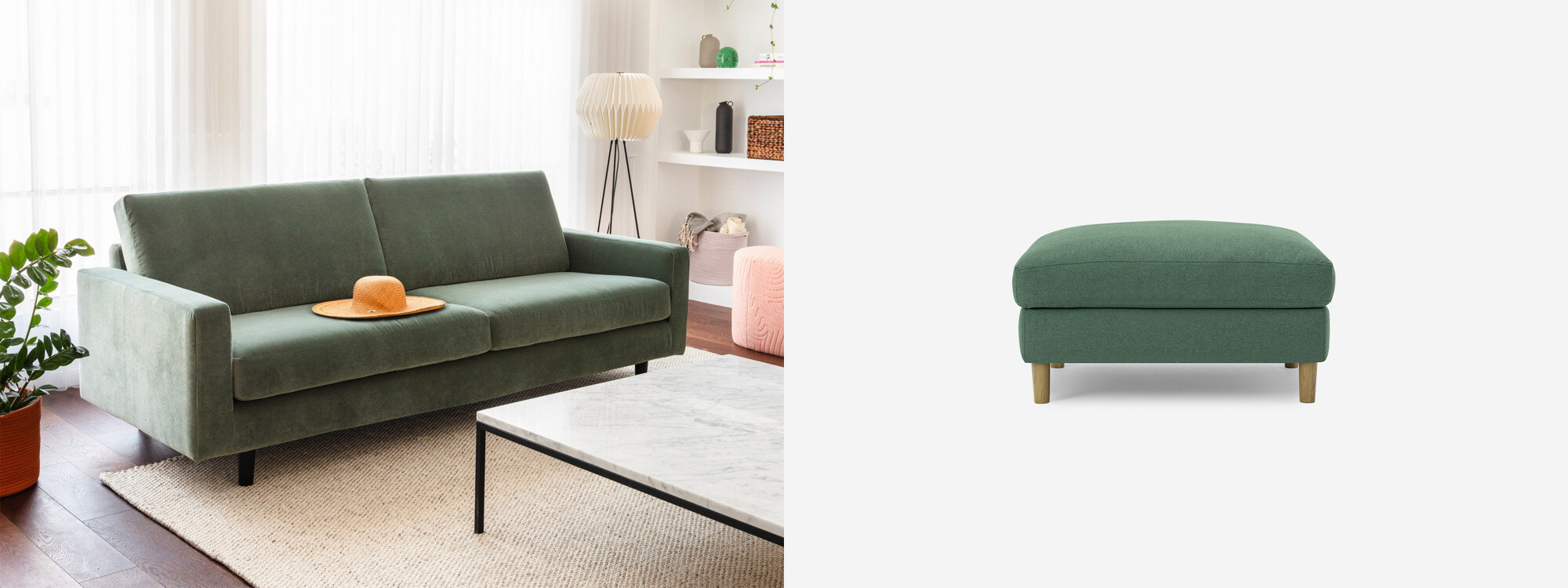 EQ3 Oskar 85″ Sofa + Plush Accent Ottoman official product imagery